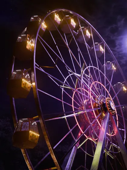 An exterior shot of the fully modeled Ferris wheel. I focused on the lighting and atmosphere, setting the ride against a dark, cloudy night to make it feel both beautiful and menacing, a centerpiece of the haunted park.