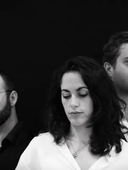 A striking black and white portrait of the trio from our French cabaret show. This image captures the serious artistry and dramatic flair of our versatile performers.
