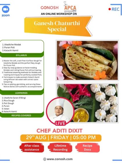 Celebrate Ganesh Chaturthi by learning to make traditional sweets in my special workshop. I provide step-by-step guidance on making Ukadiche Modak, Puran Poli, and Katachi Aamti.