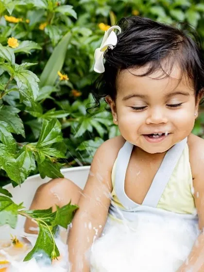 Splish, splash, and a whole lot of smiles during this summer milk bath session. These are perfect for babies who can sit up and love to play in the water.