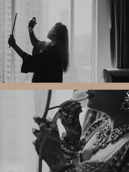A black and white collage showing the bride getting ready. These documentary-style shots capture the quiet, focused moments of her transformation, with the city skyline in the background.