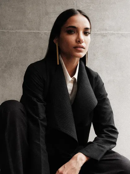 A powerful portrait from the Payal Khandwala shoot. The smoky eye makeup and severe lines of the jacket create a look that is both strong and elegant.