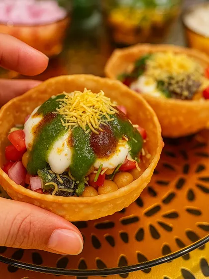 The final result of our DIY Katori Chaat. A crispy, edible bowl filled with chickpeas, potatoes, and topped with cool dahi, tangy chutneys, and crunchy sev.