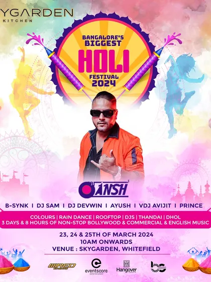 The official poster for Bangalore's Biggest Holi Festival 2024. I was thrilled to be part of this massive three-day event.