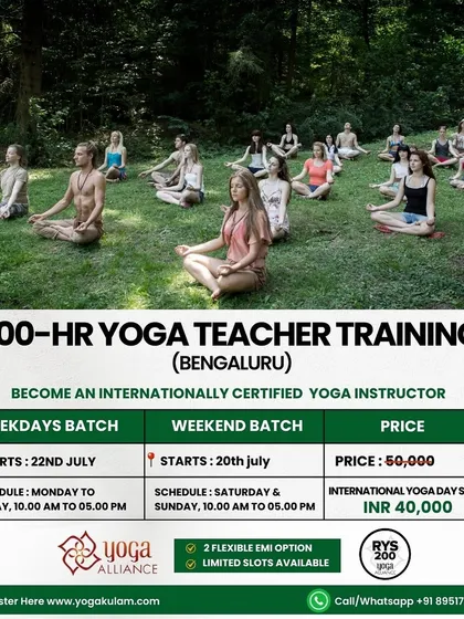 A detailed poster for our 200-hour YTTC in Bengaluru, outlining the schedules for both weekday and weekend batches, along with a special price for International Yoga Day.
