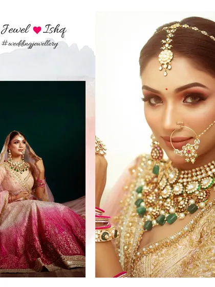 This collage shows both a full view of the bride in her dreamy pink and gold lehenga and a close-up of her stunning polki and emerald jewellery set.