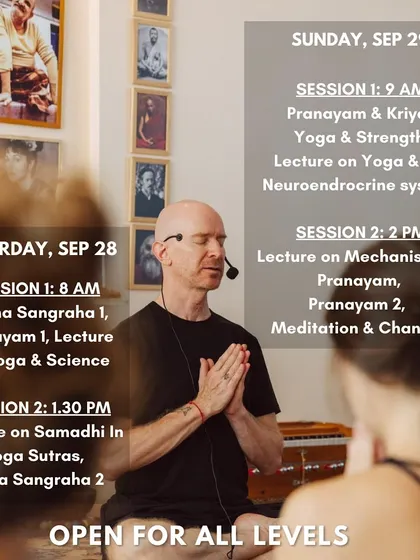 The detailed schedule for our two-day yoga immersion. We cover a wide range of topics, from asana and pranayama to lectures on yoga and science.