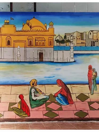 A full view of the Golden Temple mural I painted for Naancha, a Punjabi restaurant. This large-scale piece creates an immersive atmosphere, celebrating the culture and heritage behind the cuisine.