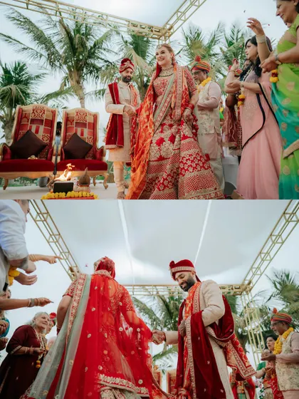 The couple performing the 'pheras' around the sacred fire during their beach wedding ceremony.