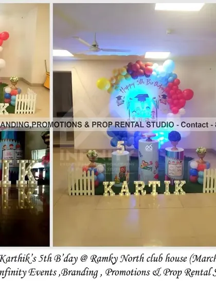 An ABC-themed party is a creative and fun idea for a 5th birthday. This setup at Ramky North clubhouse includes a circular backdrop, colorful balloon garland, and cylinder props decorated with letters and school-themed items.