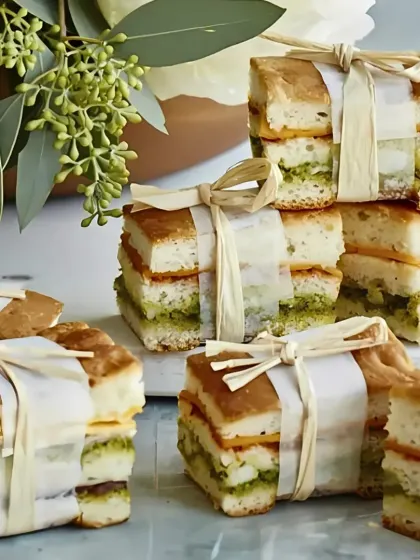 Gourmet mini sandwiches, layered with pesto and cheese and tied with raffia bows. This is an elegant and delicious option for brunches, high teas, or corporate meetings.