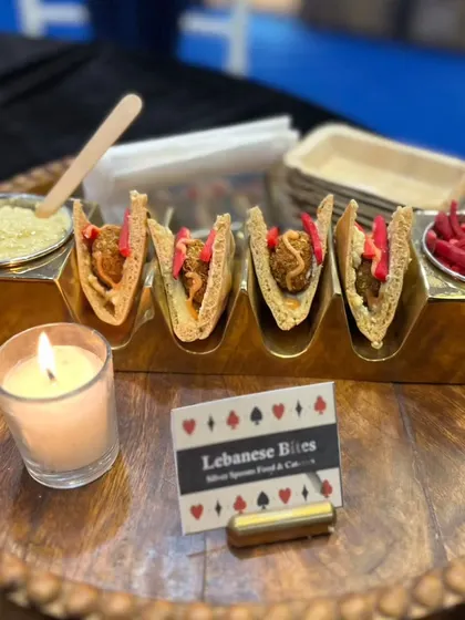 Our Lebanese Bites feature mini pita pockets filled with falafel and fresh toppings. They are a delicious and popular choice for themed parties and festive events like Diwali.