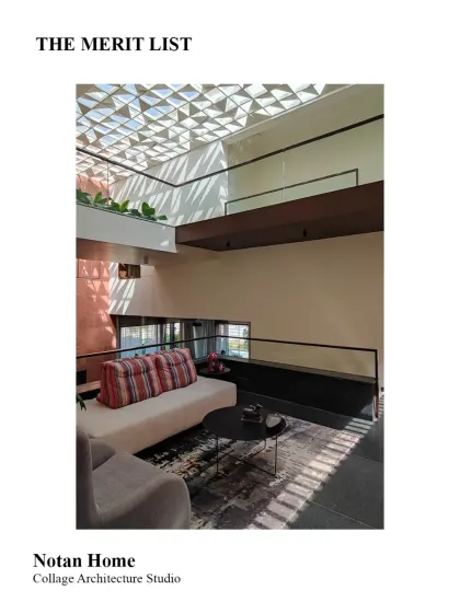 We are honored to share that our Notan Home project was longlisted for The Merit List, a platform that recognizes excellence in Indian architecture. This image shows the living area, where a geometric skylight creates a dramatic play of light.