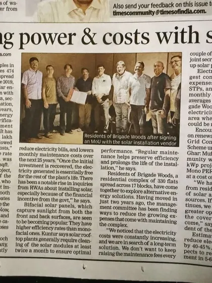 This newspaper feature covers our 110 kW solar project at Brigade Woods. It details how the community is reducing electricity bills and maintenance costs, with residents and the association president praising the move towards sustainable energy.
