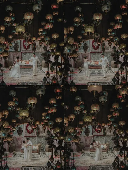 A creative, kaleidoscopic collage of the couple dancing among hanging lanterns. This artistic shot from their themed pre-wedding shoot is truly unique.