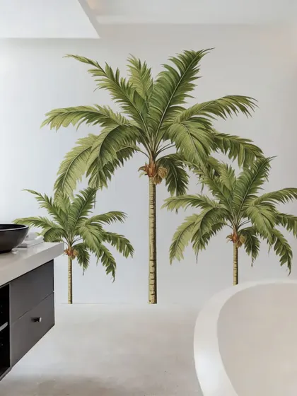 Our Watercolor Palm Tree wall stickers add a touch of tropical sophistication to this bathroom. The design is a beautiful way to create a spa-like retreat in your own home.