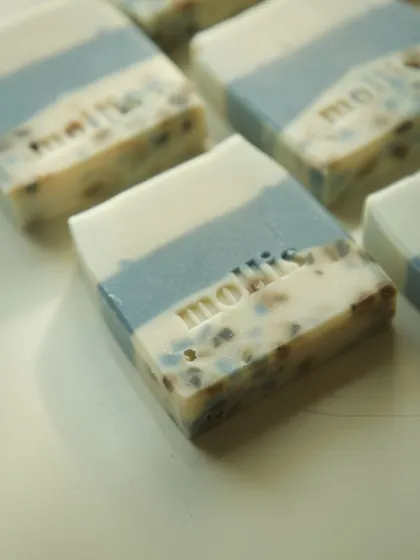 My latest creation, a beautiful blue and white bar scented with lemongrass, lavender, and clary sage. The specks are soap shavings for a terrazzo effect.