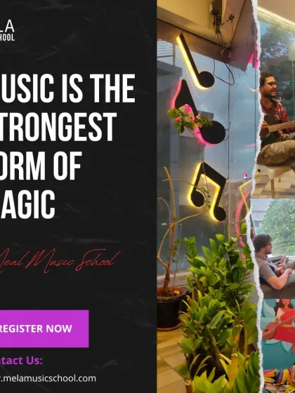 A collage of our studio and students with the text "Music is the strongest form of magic." I provide a magical environment for students to learn and grow.