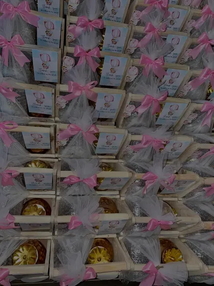 An aerial view of the hot air balloon themed hampers, showing how we prepare and organize large bulk orders to ensure every single gift is perfect.