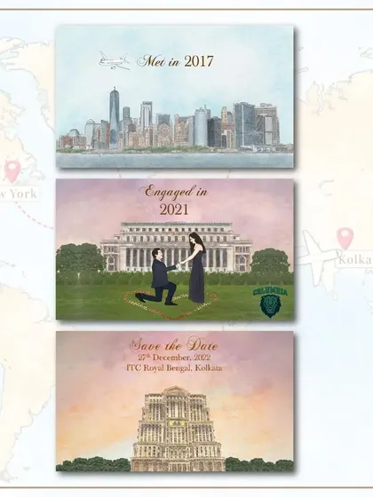 These are still frames from a love story animation we created. The custom watercolor illustrations depict key moments in the couple's journey, from meeting in New York to getting engaged in Kolkata.