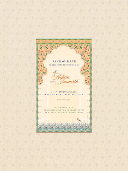A beautiful Save the Date designed with intricate Rajasthani jharokha-style borders. The artwork evokes the grandeur of Jaipur's palaces, making it a perfect announcement for a destination wedding at Mundota Fort.