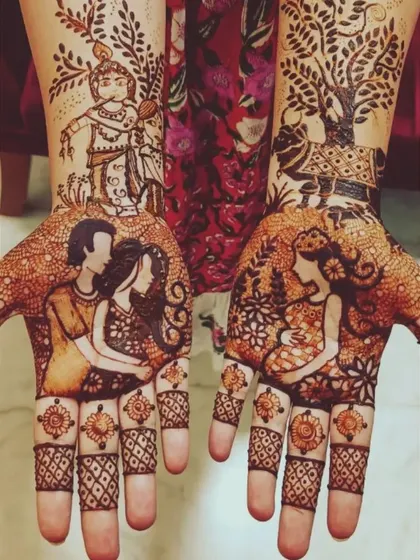 This design for actress Amulya's baby shower tells a story. It features a portrait of the couple, a solo portrait of the mom-to-be, and a depiction of baby Krishna, blending personal and divine elements.