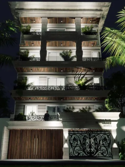 The night lighting concept for the classical residence. The illumination focuses on the columns and the underside of the balconies, creating a warm and stately ambiance that highlights the building's grand architectural features.