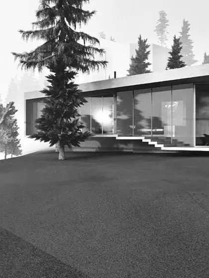 A conceptual render for an extension to a property within a beautiful pine forest in Himachal. The design uses clean lines and large glass panels to create a modern pavilion that sits lightly on the land, prioritizing views and a connection to the surrounding woods.