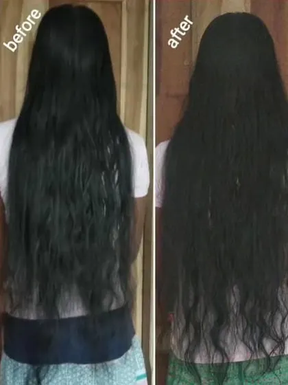 Another fantastic before-and-after result. This image shows how my Hair Booster Kit helped improve the length and texture of this customer's hair, making it look fuller and healthier.