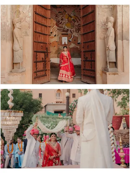 A diptych showing the bride's grand entrance through a historic doorway and her walk down the aisle under a phoolon ki chadar.