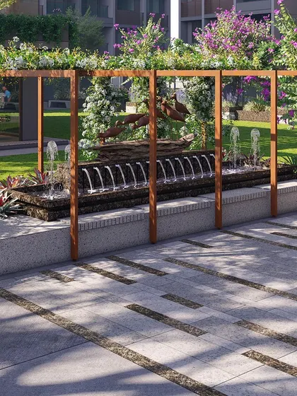 This 3D render shows a water feature with a dynamic sculpture of a leaping figure. The feature is framed by a wooden pergola, creating a powerful focal point within the community garden.