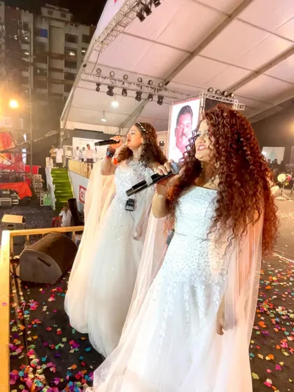 Performing on Day 2 of Navratri in our beautiful white outfits. We love to coordinate our style to match the festive mood of the evening.