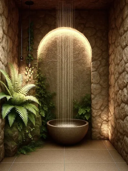 A conceptual design for a truly unique bathroom corner. This vision features a stone-walled grotto with a rainfall shower cascading into a basin, creating an indoor oasis that connects you with nature.