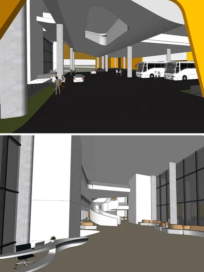 Early 3d models of the podium interior, exploring the lobby and circulation spaces.
