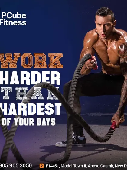 A graphic encouraging you to work harder, featuring a man giving his all with battle ropes.