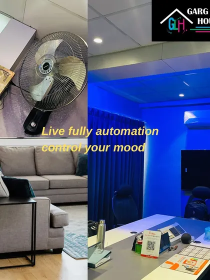 Automation allows you to instantly change the mood of a room. This image shows how a simple command can switch the lighting from a standard living room setup to a vibrant blue, perfect for movie nights or creating a relaxing atmosphere.