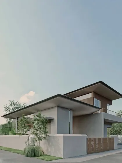 This is a render of our Sanctuary Residence project in Nandi Hills. The design uses simple, linear masses and deep roof overhangs to create a modern home that is both elegant and responsive to the climate.