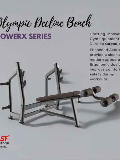 The Olympic Decline Bench from our PowerX series, perfect for targeting the lower pectoral muscles with a stable and secure setup.