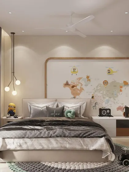 A render of a children's bedroom featuring a whimsical world map mural above the bed. The design uses earthy neutrals, soft wooden curves, and fun accents like a Minion figurine to create a space that is both educational and captivating.