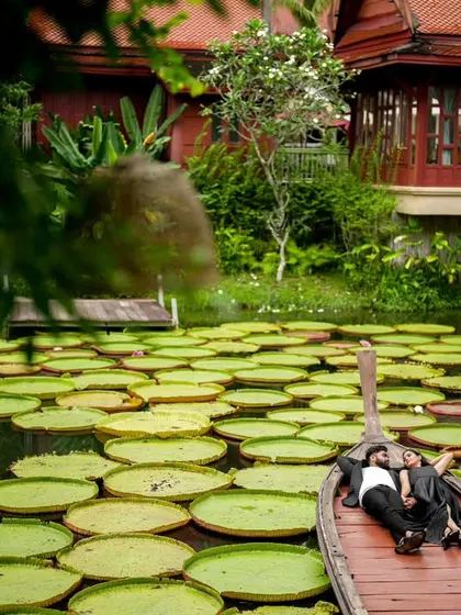 A serene, high-angle shot of a couple relaxing in a boat amidst giant lily pads, capturing a moment of peace during their Thailand adventure.