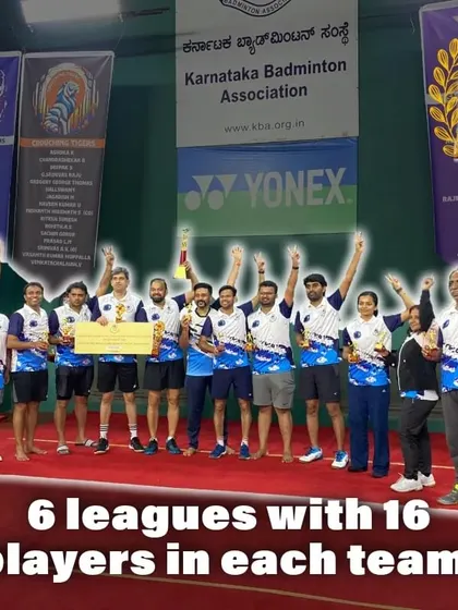 The victorious team celebrates on the podium at the Karnataka Badminton Association Intra Club League tournament, a league of 6 teams with 16 players each.