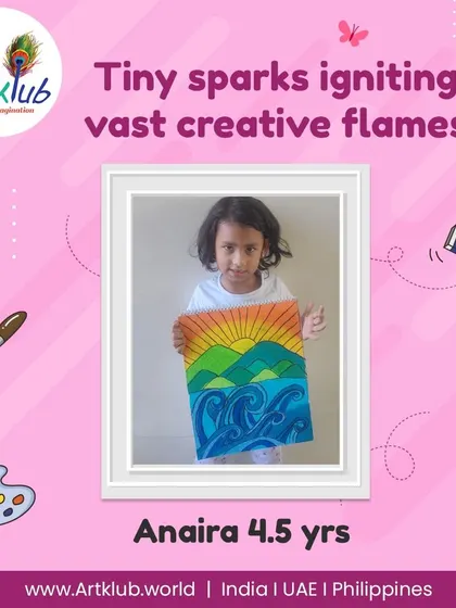 This vibrant sunset over the ocean by 4.5-year-old Anaira is a tiny spark that ignites a vast creative flame.