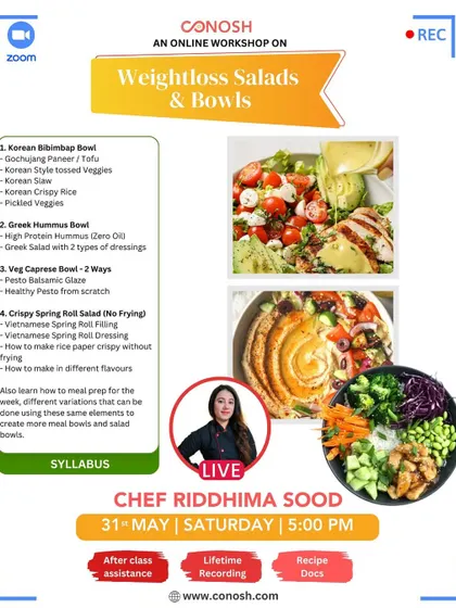 Learn to make exciting weight-loss salads and bowls from around the world. This workshop covers a Korean Bibimbap Bowl, Greek Hummus Bowl, and Vietnamese Spring Rolls, with a focus on meal prep.