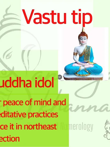 To bring peace of mind and support your meditative practices, place a Buddha idol or picture in the North-East direction of your home. This zone is associated with water and tranquility, making it the perfect spot for a calming influence like the Buddha.