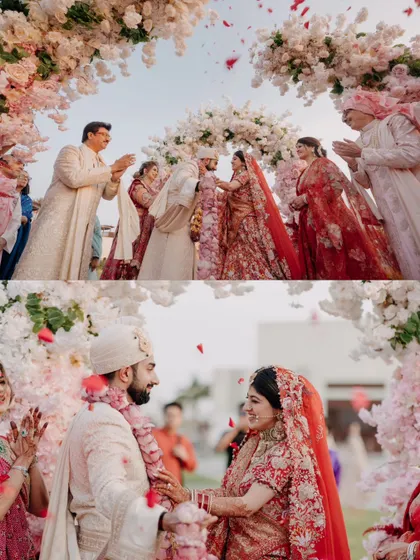 The beautiful jaimala exchange under a canopy of white and pink flowers. This collage shows both the wide view of the ceremony and the intimate glance between the couple.