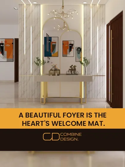 A beautiful foyer is the heart's welcome mat. This design features a marble-paneled wall with fluted details, a modern console table, and abstract art, creating a sophisticated first impression.