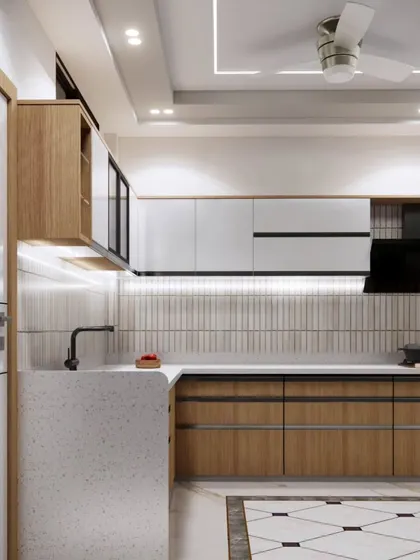 A 3D concept for a kitchen from the "Imperial Era" collection. This design blends classic wood tones with modern white cabinets and a patterned tile floor.