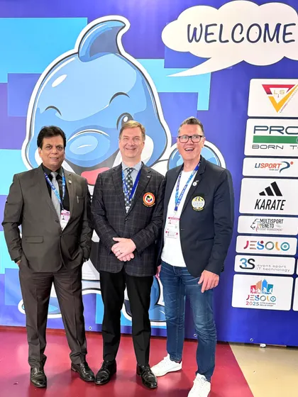 With the General Secretary and Vice President of the Commonwealth Karate Federation in Venice, Italy. My role as 2nd Vice President helps promote Indian karate within the Commonwealth.