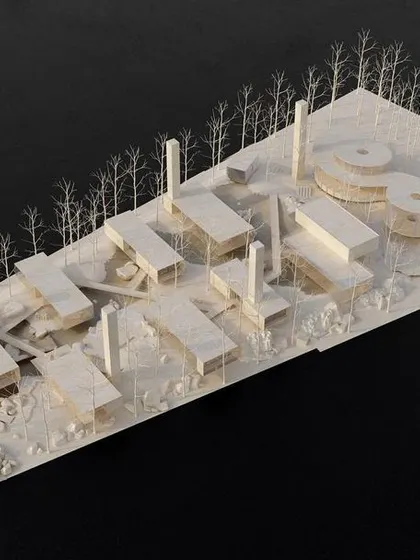 An overhead view of the "Urban Oasis" model. This perspective clearly shows the master plan, with its central water feature, scattered pavilions, and dense tree canopy, designed to create a democratic and activity-filled public space.