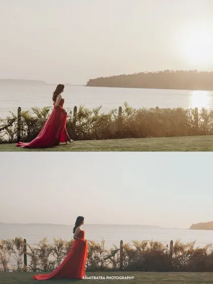A collage of the bride in a flowing red gown, posing against the golden sunset over the sea in Goa.